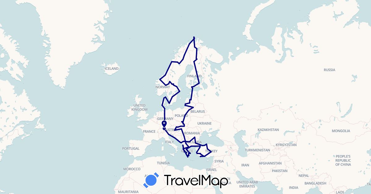 TravelMap itinerary: driving in Albania, Austria, Bulgaria, Germany, Denmark, Estonia, Finland, Greece, Croatia, Hungary, Italy, Lithuania, Latvia, Montenegro, Macedonia, Norway, Poland, Romania, Serbia, Sweden, Slovakia, Turkey (Asia, Europe)